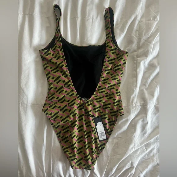NWT VERSACE Neon Logo One-Piece Swimsuit Geometric Print Size 3 (M/L) AUTHENTIC - Picture 2 of 7